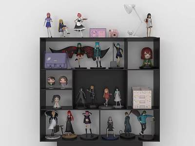 Anime Figurines Display On Black Multi Tiered Shelf With Decorative Items 3d model