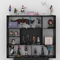 Anime Figurines Display On Black Multi Tiered Shelf With Decorative Items 3d model