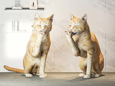 Yellow Reptile Statues Licking Paws in Indoor Setting with Marble Backdrop and Shelves 3d model