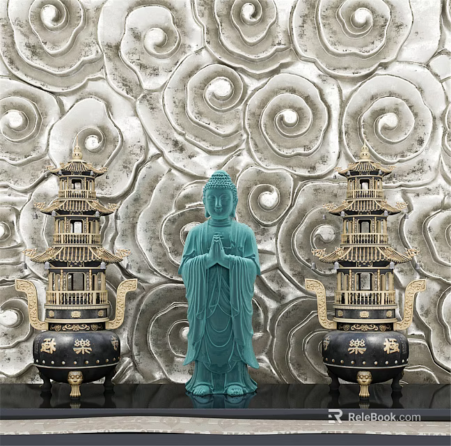 Buddha Sculpture With Flanking Pagoda Carvings And Spiral Patterned Wall Decor 3d model 