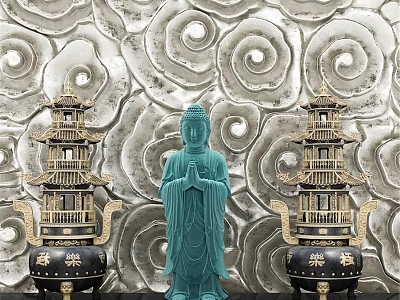 Buddha Sculpture With Flanking Pagoda Carvings And Spiral Patterned Wall Decor 3d model