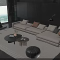 Modern Living Room Interior With Beige L-shaped Sofa Round Coffee Tables And Decorative Pillows