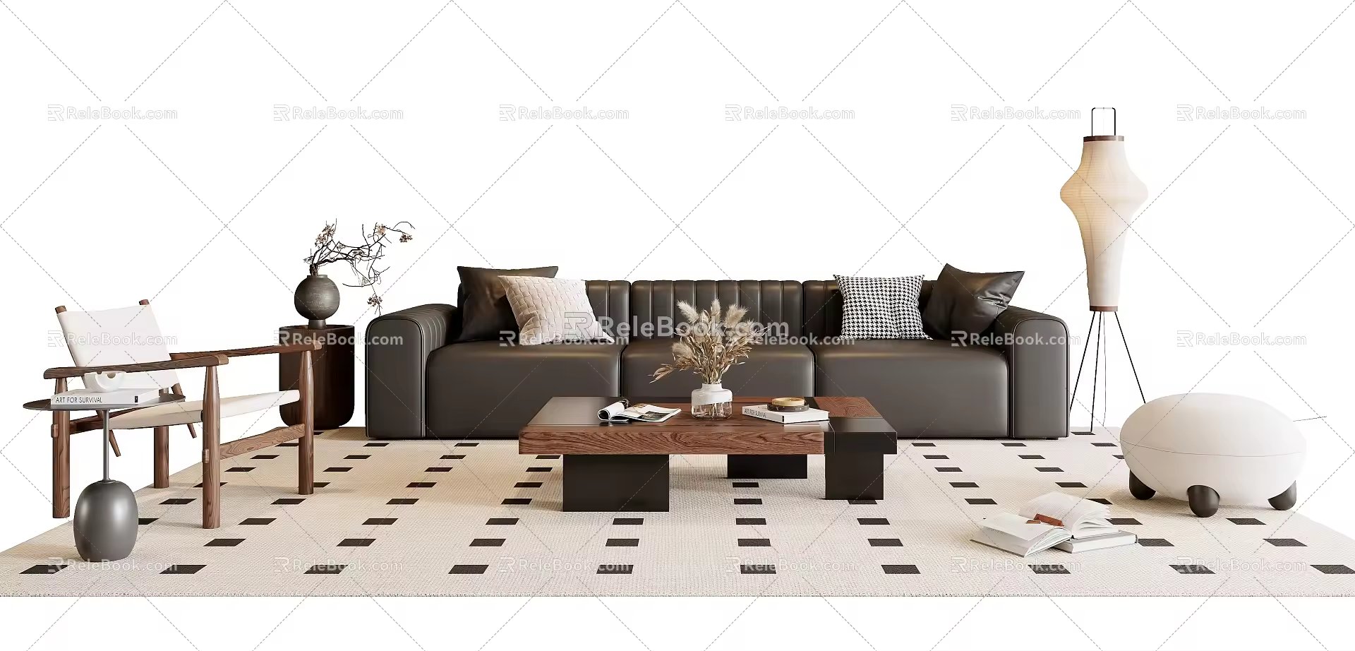 Modern Middle Ancient Style Sofa Coffee Table Combination Fabric Sofa Solid Wood Sofa Single Person Sofa Casual Chair Floor Lamp Side Table Coffee Table Decoration Dried Flower Floor Lamp 3d model