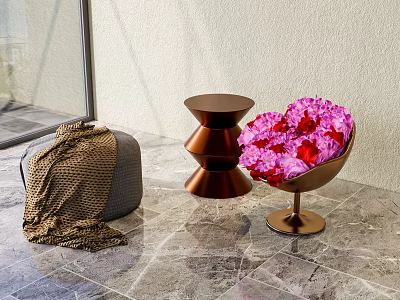 Modern Gray Sofa Stool With Knitted Blanket Copper Table And Pink Flowers On Marble Floor 3d model
