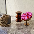 Modern Gray Sofa Stool With Knitted Blanket Copper Table And Pink Flowers On Marble Floor
