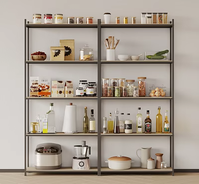 Organized Kitchen Shelf With Various Kitchenware Storage Jars Bottles And Small Appliances 3d model