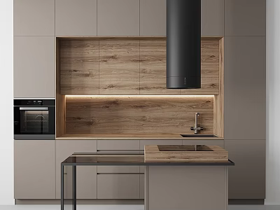 Sleek Modern Kitchen Interior With Wooden Backsplash Black Range Hood And Cabinets 3d model