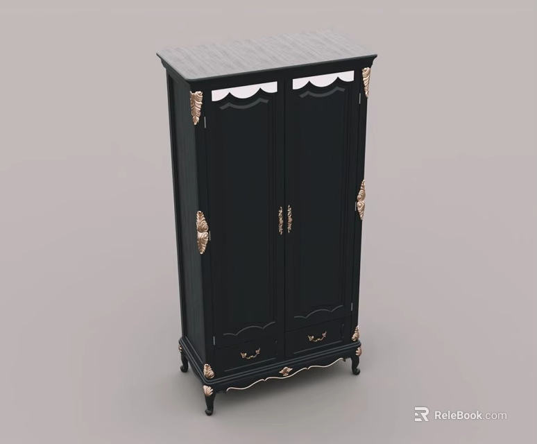 Elegant Black Vintage Wardrobe With Gold Accents And Carved Cabinet Doors 3d model 