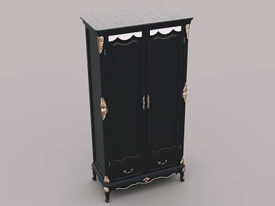 Elegant Black Vintage Wardrobe With Gold Accents And Carved Cabinet Doors 3d model