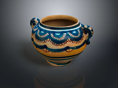 Sculpted Pottery Jar With Artistic Blue Yellow Decorative Patterns And Handles 3d model