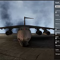Large Military Transport Aircraft In Flight With Extended Landing Gear And Blue Stripes