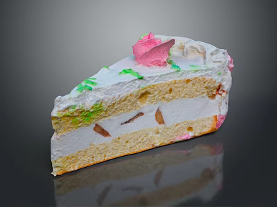Delicious Layered Cake Slice With White Cream Pink Flower And Green Decorations 3d model