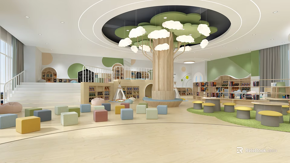 Children's Library Art Design With Tree Shaped Structure Cloud Lights And Colorful Stools 3d model 
