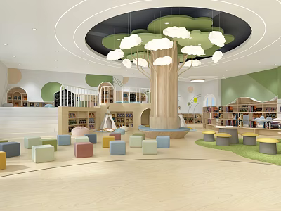 Children's Library Art Design With Tree Shaped Structure Cloud Lights And Colorful Stools 3d model