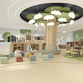 Children's Library Art Design With Tree Shaped Structure Cloud Lights And Colorful Stools