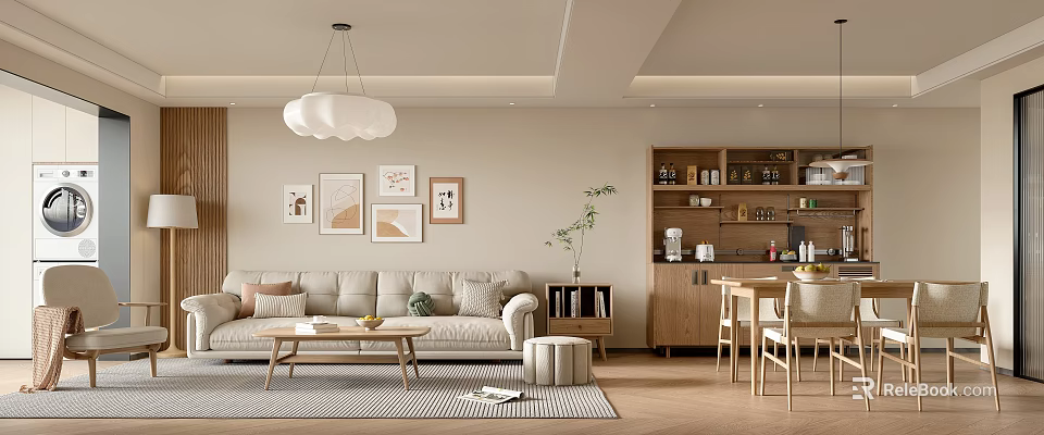 Modern Living Dining Room Interior With Beige Sofa Wooden Coffee Table And Decorative Paintings 3d model 