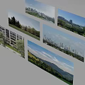 Various Scenery Cards Showcasing City Skyline Buildings Green Fields And Mountain Views