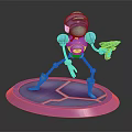 3D Sci Fi Robot Character with Glowing Accents Standing on Purple Platform Holding Ray Gun