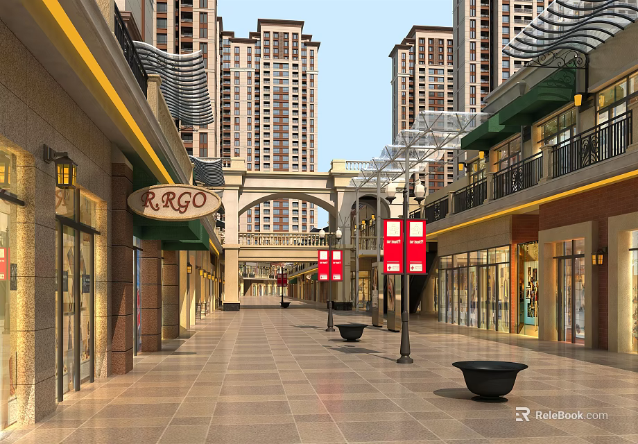 Vibrant Commercial Street With Shops Archway Street Lamps Stone Pavement And High Rise Buildings 3d model 