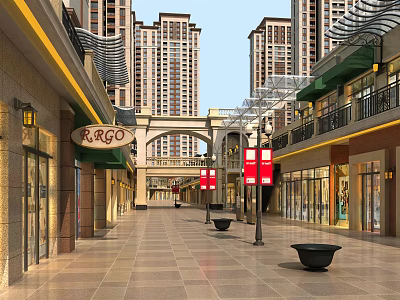 Vibrant Commercial Street With Shops Archway Street Lamps Stone Pavement And High Rise Buildings 3d model