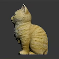 Yellow Sitting Cat Statue With Detailed Fur Texture On Dark Background