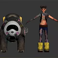 Tattooed Character With Yellow Boots Standing By Decorated Bear With Blue Eyes And Stickers