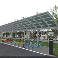 Transparent Roof Bike Shelter with Colored Bicycles Signage and Trees in Parking Lot