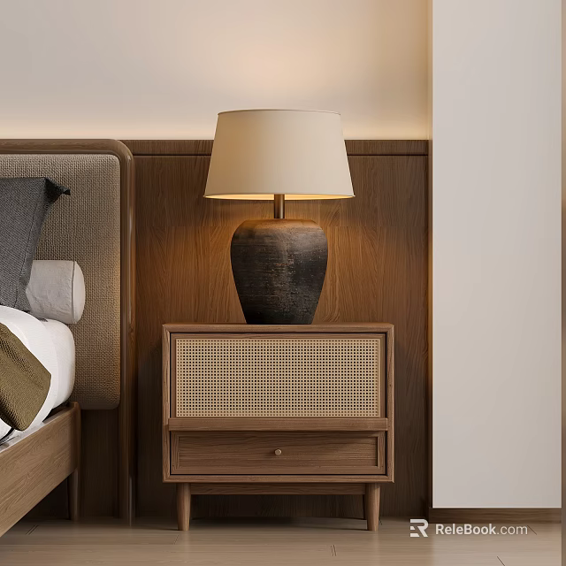 Natural Wood Modern Nightstand With Wicker Panel Drawer And Bedside Lamp In Bedroom 3d model 