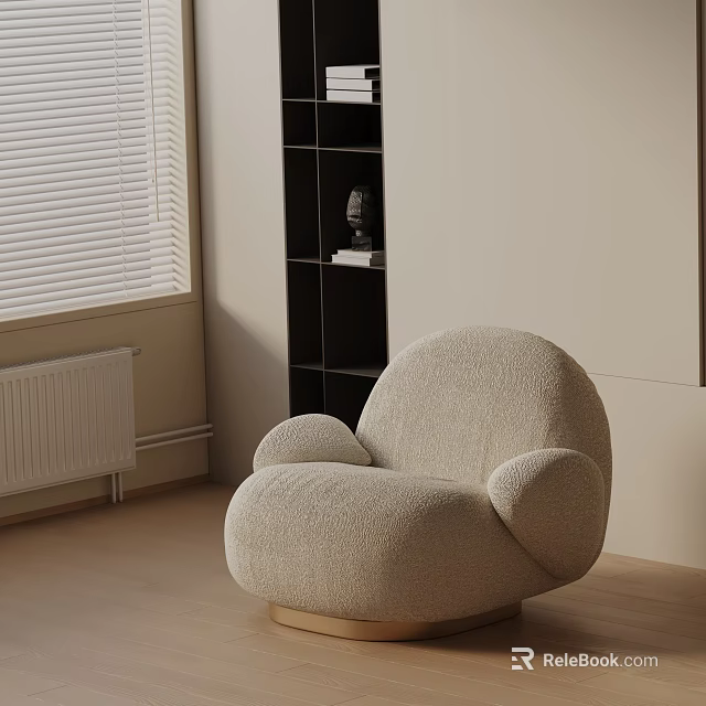 Plush Beige Lounge Chair With Curved Design In Room With Window And Black Bookshelf 3d model 