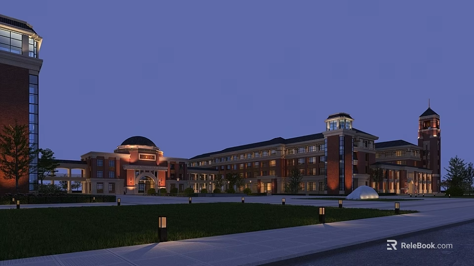Traditional Red Brick School Building With Dome Tower Main Entrance Lawn And Pathway At Dusk 3d model 