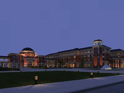 Traditional Red Brick School Building With Dome Tower Main Entrance Lawn And Pathway At Dusk 3d model