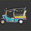 Colorful Three Wheeled Motorcycle Taxi With Canopy And Colorful Flags Bright Blue Yellow Pink Design