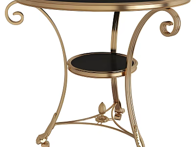 Ornate Gold Metal Dining Table With Round Tabletop Lower Shelf And Decorative Wheels 3d model