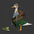 Duck Game Character Wearing Hat Blue Apron Green Pants With Spread Wings And Green Weapon