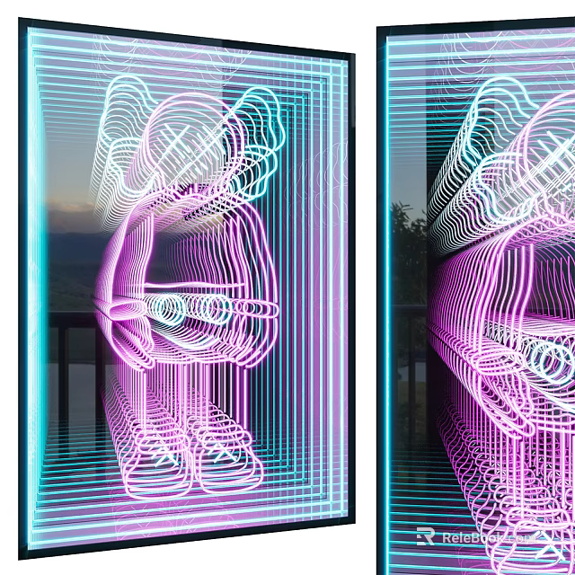 Abstract Painting With Neon Lines Pink Blue Colors And Abstract Light Effects Shapes 3d model 