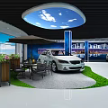 Modern Car Showroom With White Cars Mountain Mural Grassland And Flowers