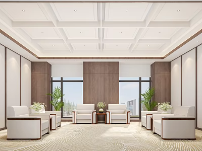 Elegant Reception Room With White Sofas Wooden Walls Large Windows Natural Light And Green Plants 3d model