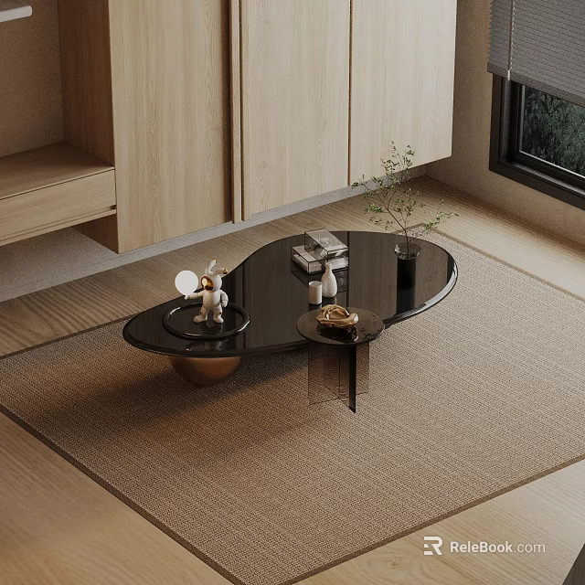 Modern Sofa And Coffee Table Set With Black Glass Top Decorative Items Books And Green Plants 3d model 