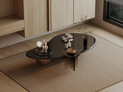 Modern Sofa And Coffee Table Set With Black Glass Top Decorative Items Books And Green Plants 3d model