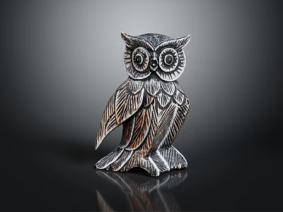 Intricate Carved Metallic Owl Decorative Figurine Set With Feather Details On Black Display Surface 3d model