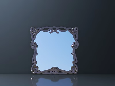 Ornate Carved Mirror Frame With Intricate Patterns And Blue Reflective Surface On Dark Background 3d model