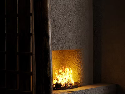 Cozy Fireplace With Burning Fire In Textured Stone Wall And Wooden Sliding Screen 3d model