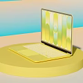 Stylish Yellow Laptop Showing Geometric Patterns on Round Platform Against Soft Blue Beige Background