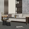 Elegant Modern White Three-Seater Sofa With Side Table Flowers Bookshelf Marble Wall And Curtains