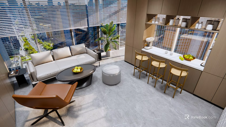 Modern Pantry Interior Design With Sofa Coffee Table Plant Bar Stools Cabinets And City View 3d model 