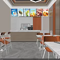 Modern Restaurant Interior With Orange Chairs White Tables Large Screen Menu And Hexagonal Ceiling Lights 3d model