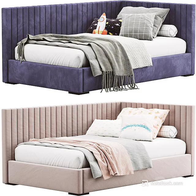 Modern Single Bed With Upholstered Headboard Soft Bedding Blanket And Decorative Pillows 3d model 