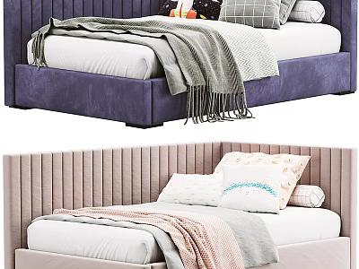 Modern Single Bed With Upholstered Headboard Soft Bedding Blanket And Decorative Pillows 3d model