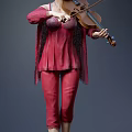Woman In Red Lace Camisole And Cardigan With Cropped Pants Standing Arms Outstretched