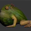 Green Frog Sculpture With Yellow Eyes Red Flowers On Back And Orange Limbs